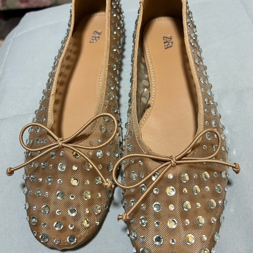 Zara Beige Rhinestone Ballet Flats
